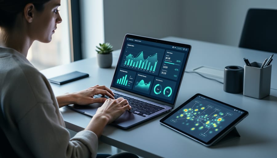 A UX researcher analyzing analytics dashboards on a laptop and tablet in a modern workspace, symbolizing using GA data to understand user behavior.