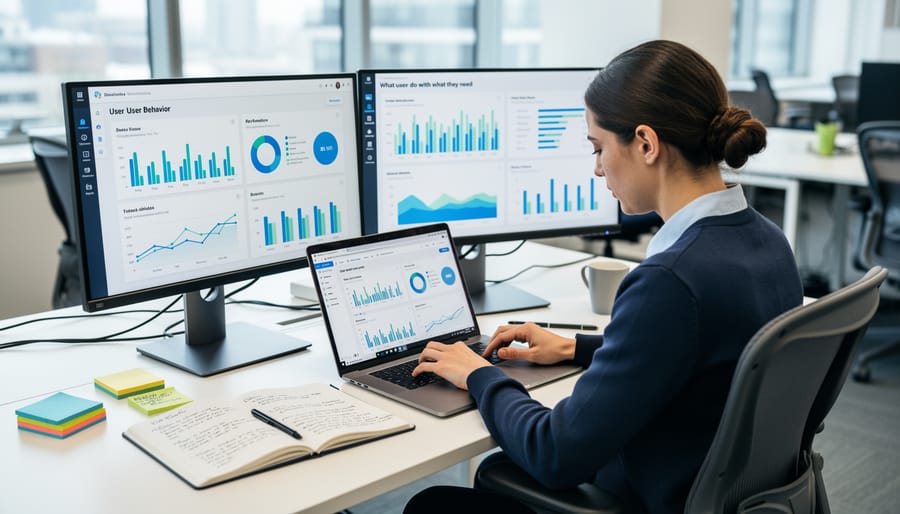 UX researcher reviewing a laptop and notes while using a smartphone with a non-readable analytics screen